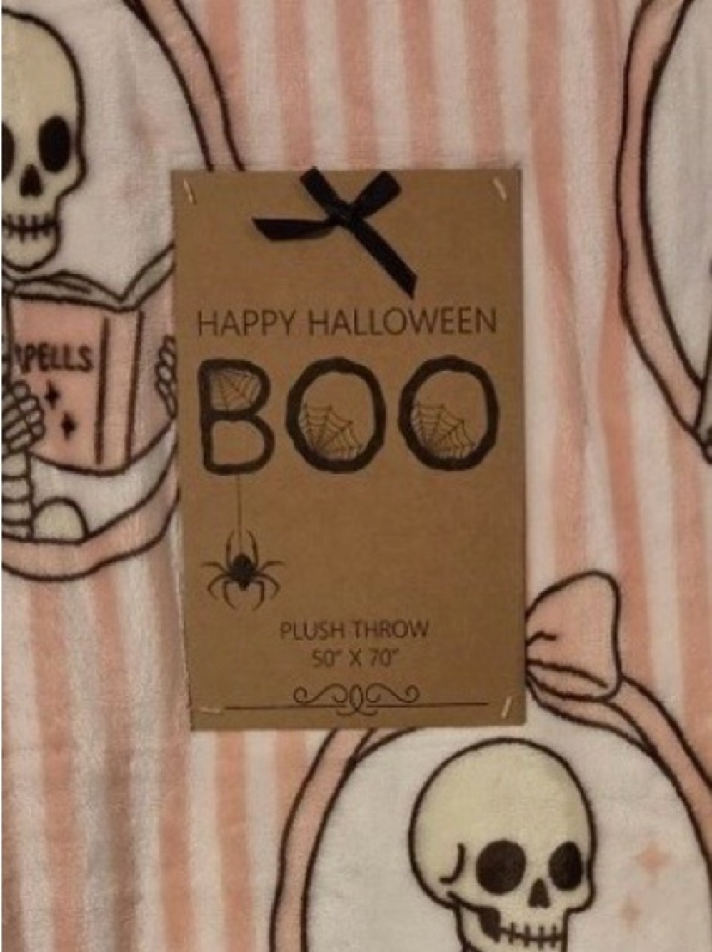 Happy Halloween BOO Pink Striped Skeleton Plush Throw Blanket
 50”X 70” (NWT) - Picture 3 of 6